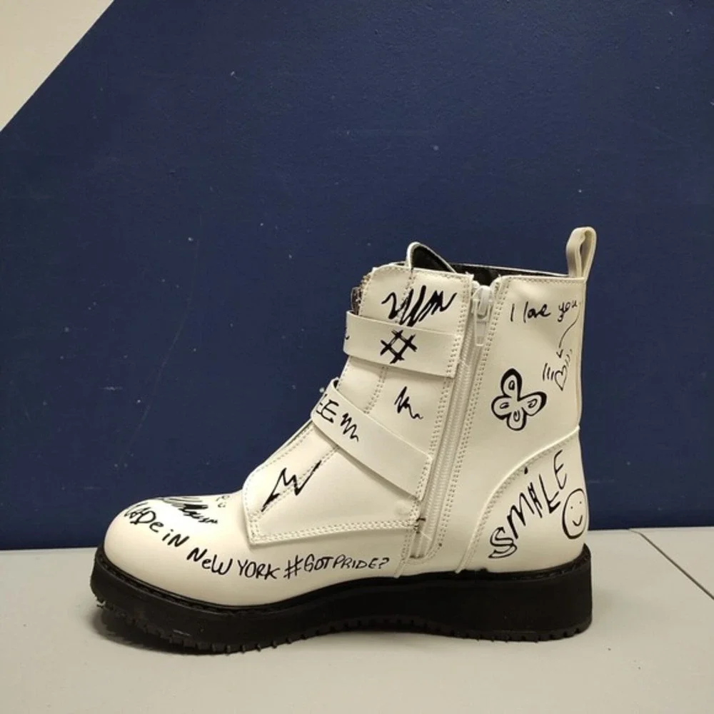 Steve Madden Wordup Ankle Boots Girls Sz 5 White Black Allover Design 128692 EUC